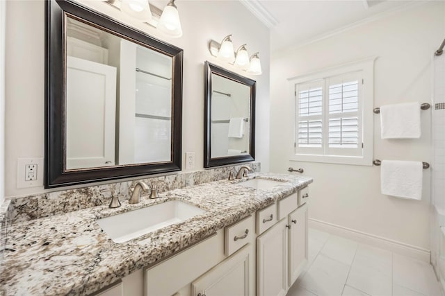 2621 Morrison St, Houston, TX 77009 - bathroom featuring crown molding, double vanity, and a shower
