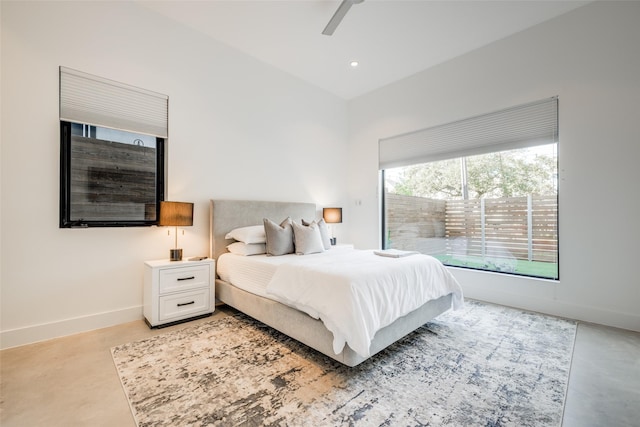 909 Peden St, Houston, TX 77006 - bedroom featuring finished concrete floors, ceiling fan, and recessed lighting