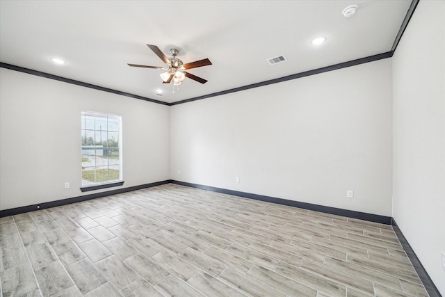 9412 Crofton St, Houston, TX 77016 - empty room featuring a ceiling fan, ornamental molding, recessed lighting, light wood-style floors, and a smoke detector