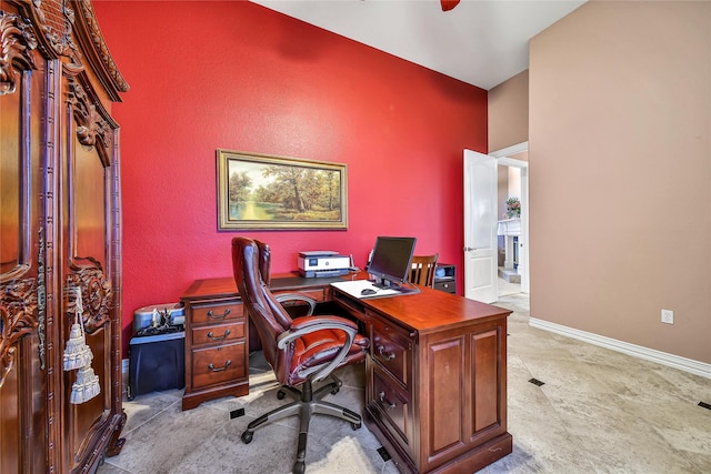 12540 Longmire Lakeview, Conroe, TX 77304 - home office featuring ceiling fan and a textured wall