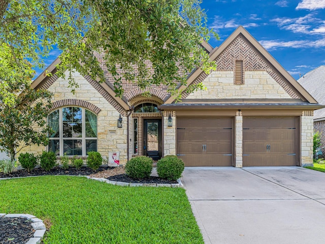 4006 Trento Ct, Katy, TX 77493 - view of front of house with stone siding, concrete driveway, a front lawn, and a garage
