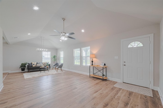 3514 Fuqua St, Houston, TX 77047 - foyer featuring lofted ceiling, ceiling fan, light wood-style flooring, a chandelier, and recessed lighting