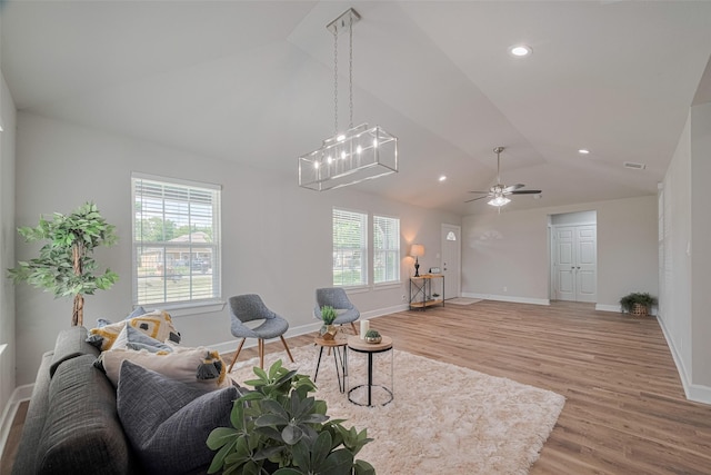 3514 Fuqua St, Houston, TX 77047 - living area with lofted ceiling, light wood-style floors, a ceiling fan, and recessed lighting