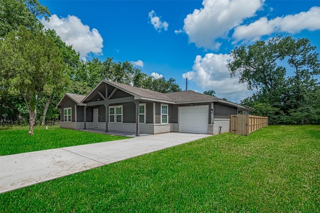 3514 Fuqua St, Houston, TX 77047 - ranch-style home with driveway, a garage, roof with shingles, covered porch, and brick siding