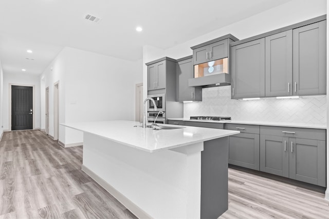 6226 Pelican Ridge Way, League City, TX 77573 - kitchen featuring gray cabinets, backsplash, a kitchen island with sink, stainless steel appliances, and light wood finished floors