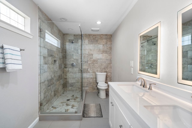 23401 Termini San Luis Pass Rd, Galveston, TX 77554 - bathroom featuring a shower stall, double vanity, and tile patterned floors
