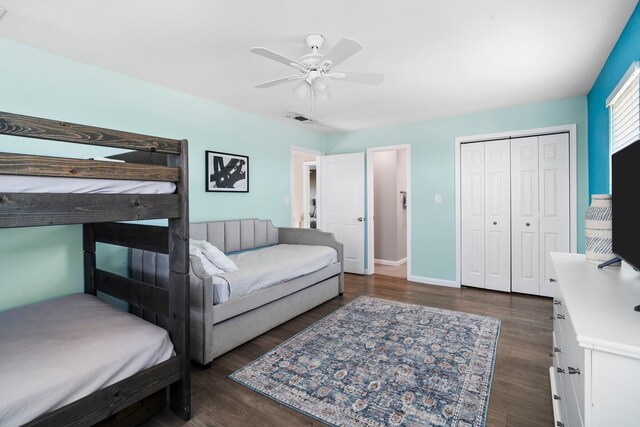 23401 Termini San Luis Pass Rd, Galveston, TX 77554 - bedroom featuring dark wood finished floors, a closet, and ceiling fan
