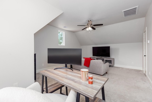 27647 N Salado Ct, Splendora, TX 77372 - living area featuring a ceiling fan, lofted ceiling, and carpet
