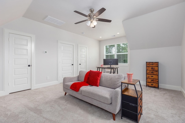 27647 N Salado Ct, Splendora, TX 77372 - living area with light colored carpet, ceiling fan, and vaulted ceiling