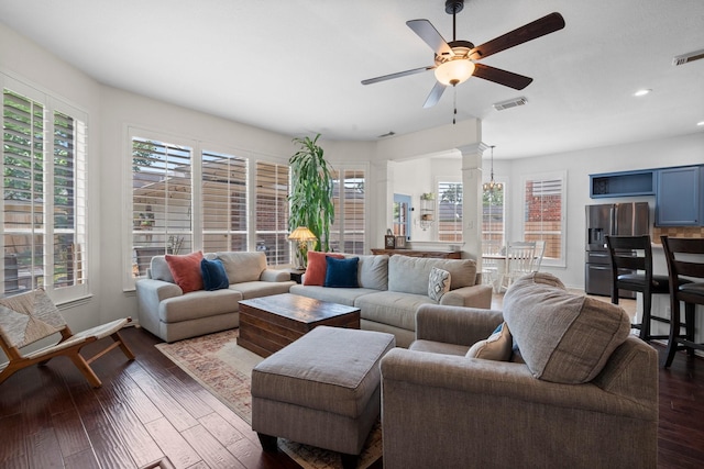 5814 Ashley Spring Ct, Katy, TX 77494 - living room featuring ceiling fan, dark wood-style flooring, and recessed lighting
