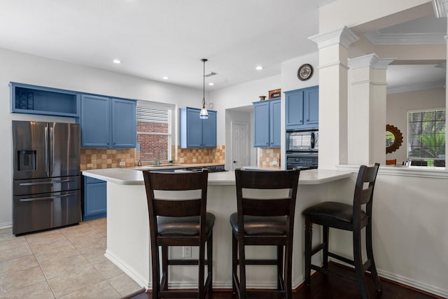 5814 Ashley Spring Ct, Katy, TX 77494 - kitchen featuring black appliances, blue cabinets, light countertops, tasteful backsplash, and crown molding