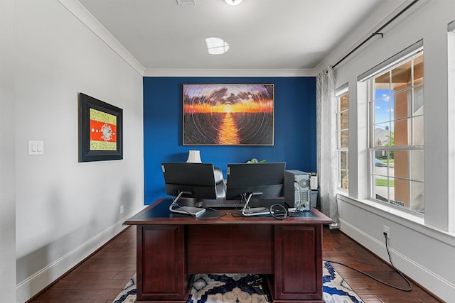 2603 Open Prairie Ln, Katy, TX 77493 - office with dark wood-style floors, plenty of natural light, and crown molding