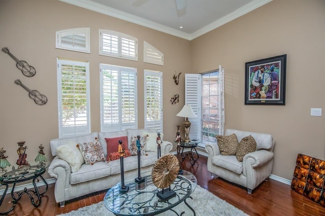 6242 Agassi Ace Ct, Spring, TX 77379 - living room with ornamental molding, wood finished floors, and a ceiling fan