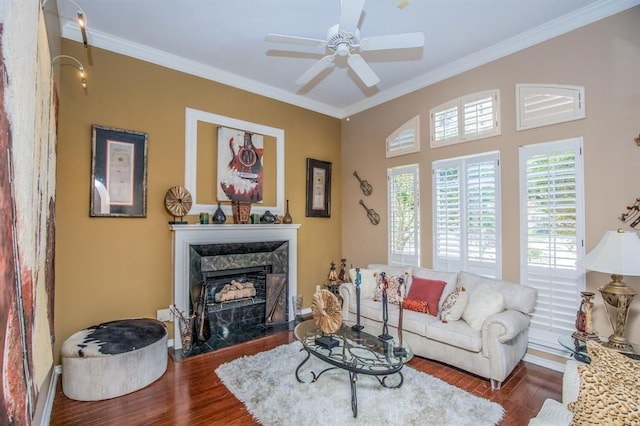 6242 Agassi Ace Ct, Spring, TX 77379 - living room featuring wood finished floors, ornamental molding, a high end fireplace, and ceiling fan