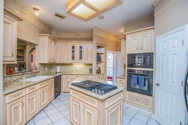 6242 Agassi Ace Ct, Spring, TX 77379 - kitchen with black appliances, light tile patterned flooring, arched walkways, decorative backsplash, and a kitchen island