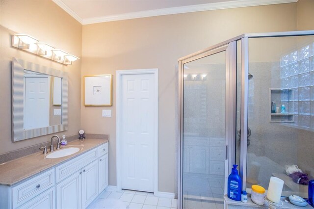 6242 Agassi Ace Ct, Spring, TX 77379 - full bath featuring crown molding, vanity, a shower stall, and tile patterned flooring