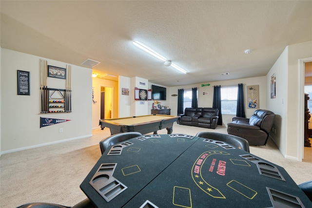 4719 Echo Bay Dr, Baytown, TX 77523 - rec room with carpet flooring, billiards table, and a textured ceiling