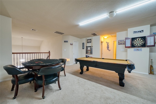 4719 Echo Bay Dr, Baytown, TX 77523 - rec room with light carpet, billiards table, and a textured ceiling