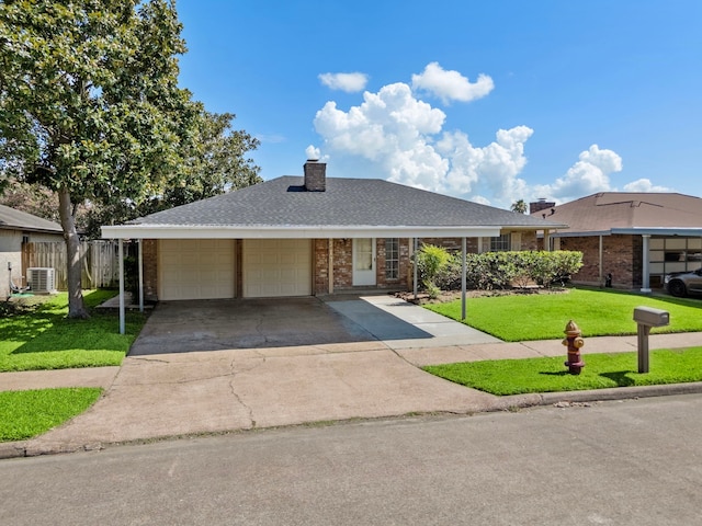 1517 Van Buren Dr, Deer Park, TX 77536 - view of front of property featuring a garage, brick siding, concrete driveway, a chimney, and a shingled roof