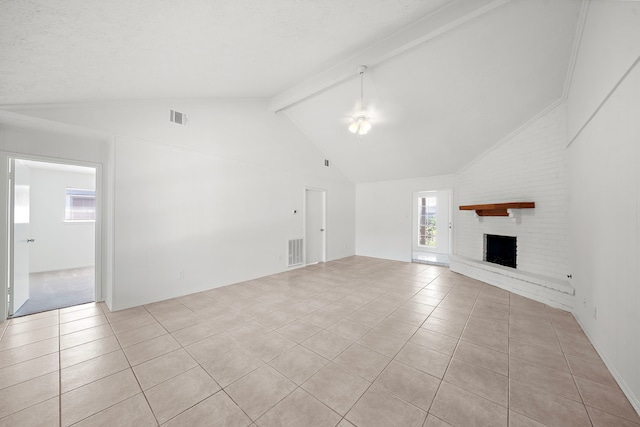 1517 Van Buren Dr, Deer Park, TX 77536 - unfurnished living room with light tile patterned floors, high vaulted ceiling, a fireplace, beam ceiling, and a ceiling fan
