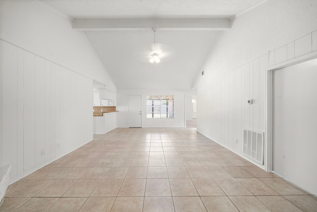 1517 Van Buren Dr, Deer Park, TX 77536 - unfurnished living room featuring high vaulted ceiling, beam ceiling, and light tile patterned flooring