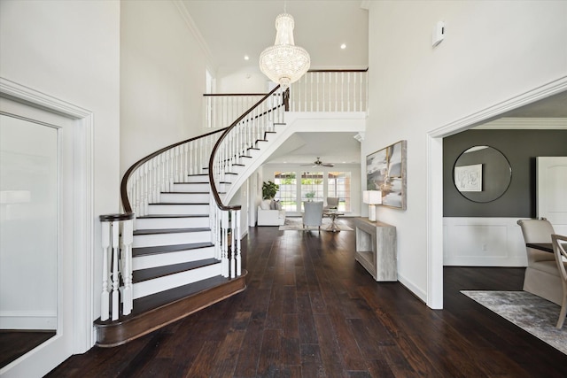 13418 Pristine Park Dr, Houston, TX 77041 - foyer with a high ceiling, stairs, a chandelier, wood-type flooring, and ceiling fan