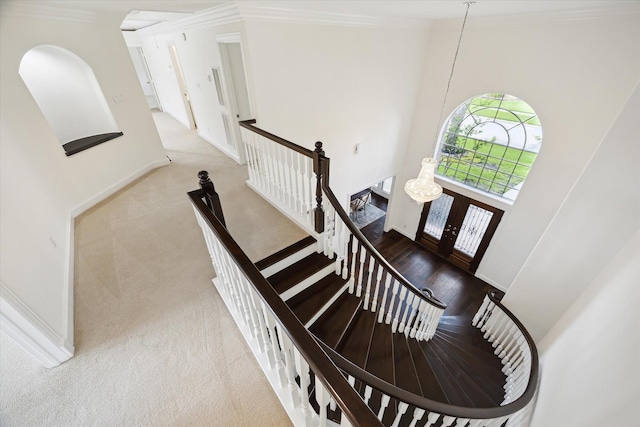 13418 Pristine Park Dr, Houston, TX 77041 - staircase with crown molding, a high ceiling, and carpet flooring
