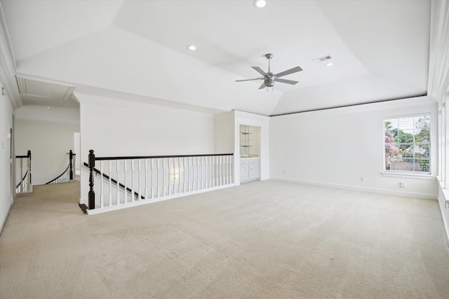 13418 Pristine Park Dr, Houston, TX 77041 - carpeted empty room with attic access, ceiling fan, recessed lighting, vaulted ceiling, and a raised ceiling
