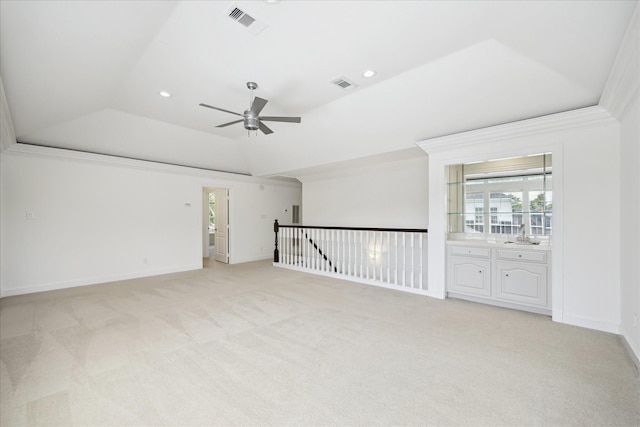 13418 Pristine Park Dr, Houston, TX 77041 - spare room with ceiling fan, light carpet, a raised ceiling, and recessed lighting