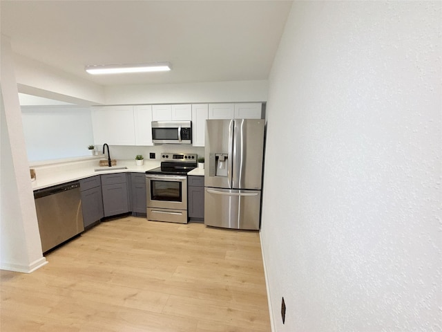 9090 S Braeswood Blvd Unit 115, Houston, TX 77074 - kitchen with appliances with stainless steel finishes, light wood finished floors, light countertops, white cabinets, and gray cabinetry