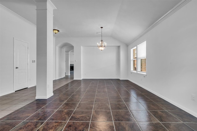 17219 Brookhollow Mist Ct, Houston, TX 77084 - unfurnished living room with tile patterned floors, a chandelier, vaulted ceiling, ornamental molding, and arched walkways