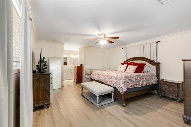 3220 Patricia Ln, Pearland, TX 77581 - bedroom featuring ornamental molding, light wood-type flooring, connected bathroom, and a ceiling fan