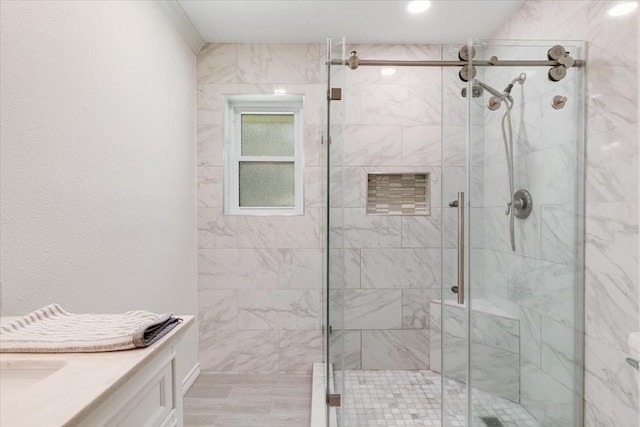 3220 Patricia Ln, Pearland, TX 77581 - full bath with vanity, a shower stall, and recessed lighting