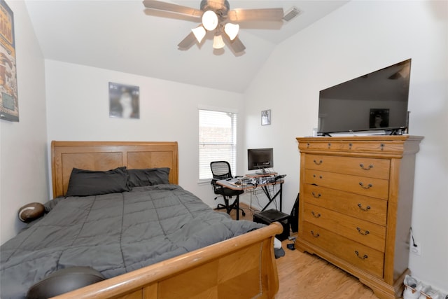 20710 Wagon Bridge Ln, Cypress, TX 77433 - bedroom featuring lofted ceiling, light wood-type flooring, and ceiling fan