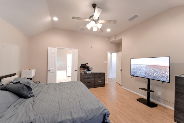 20710 Wagon Bridge Ln, Cypress, TX 77433 - bedroom featuring light wood-style floors, lofted ceiling, and ceiling fan