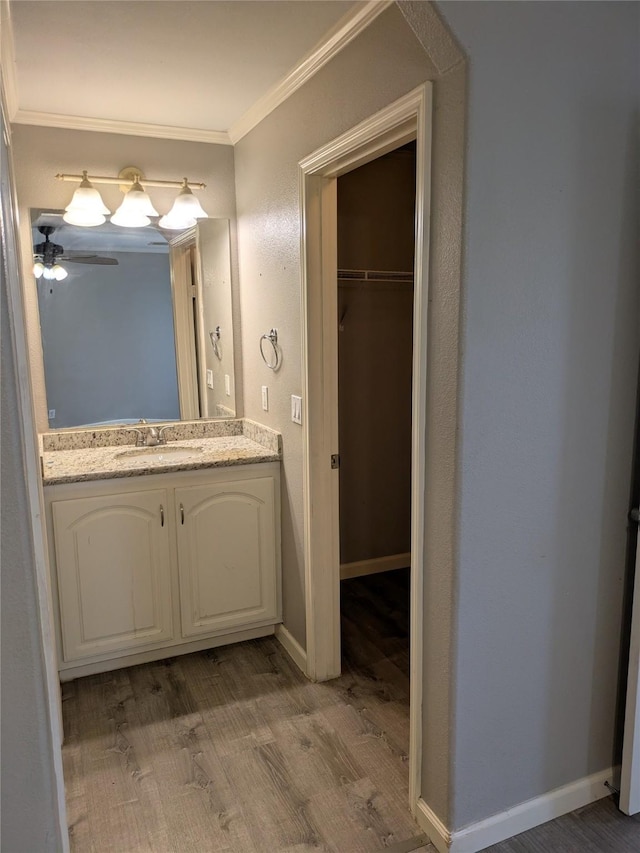 21402 Berry Ridge Ln, Tomball, TX 77375 - bathroom with ornamental molding, vanity, wood finished floors, a ceiling fan, and a walk in closet
