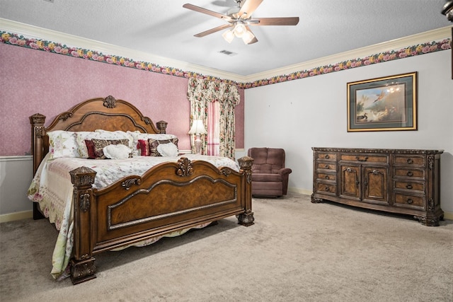215 Enchanted Estates Dr, Crockett, TX 75835 - carpeted bedroom with crown molding, a ceiling fan, and a textured ceiling