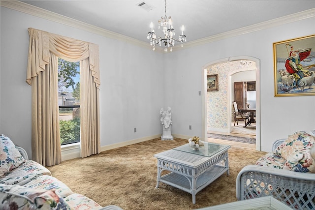 215 Enchanted Estates Dr, Crockett, TX 75835 - carpeted living area with arched walkways, a chandelier, plenty of natural light, and crown molding