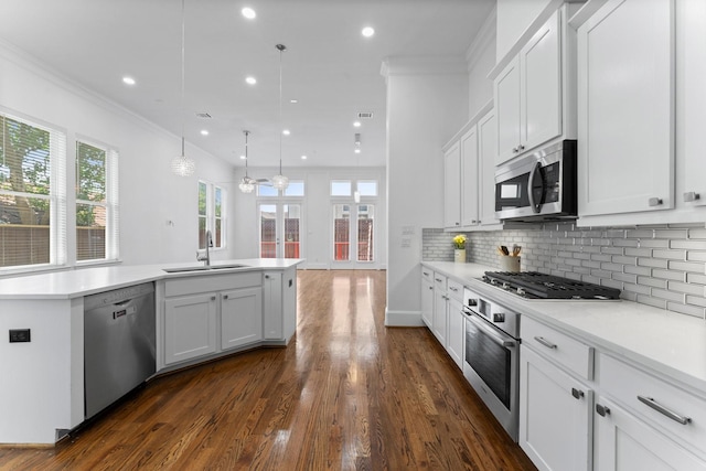 1038 E 29th St, Houston, TX 77009 - kitchen with appliances with stainless steel finishes, dark wood-style floors, crown molding, decorative backsplash, and light countertops