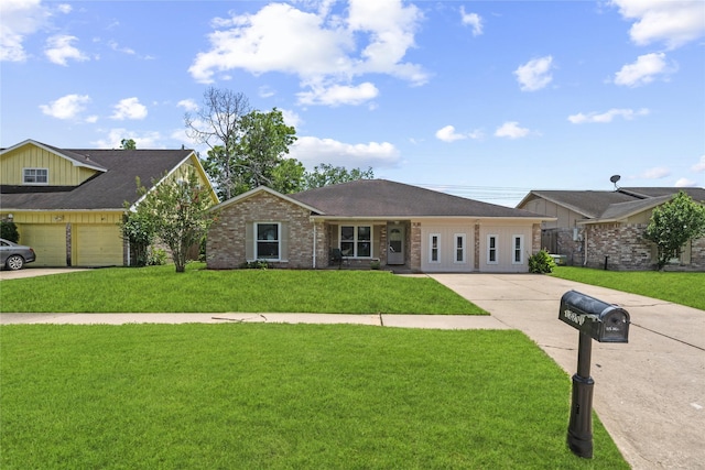 12211 Pine Knoll Dr, Houston, TX 77099 - ranch-style house with driveway, a front yard, brick siding, and roof with shingles
