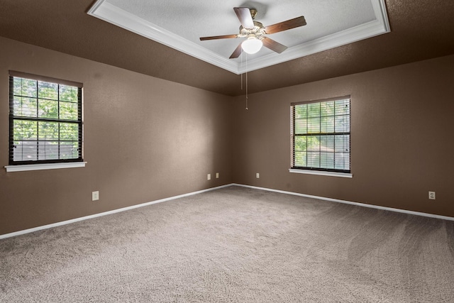 6995 Limerick Dr, Beaumont, TX 77706 - unfurnished room featuring a tray ceiling, crown molding, a textured ceiling, carpet, and a ceiling fan