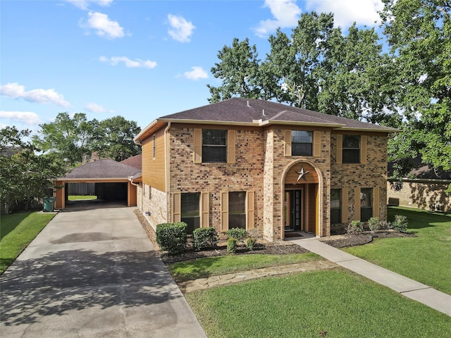 6995 Limerick Dr, Beaumont, TX 77706 - view of front of home featuring a front lawn, driveway, brick siding, a shingled roof, and a carport