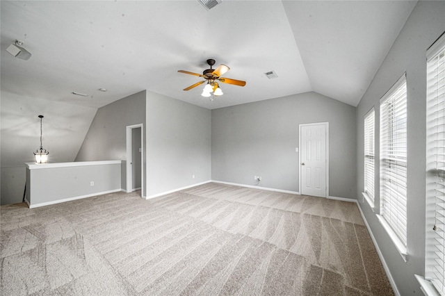 22406 Cascade Springs Dr, Katy, TX 77494 - unfurnished room featuring vaulted ceiling, a ceiling fan, and carpet floors