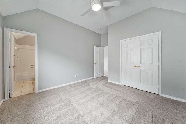 22406 Cascade Springs Dr, Katy, TX 77494 - unfurnished bedroom with vaulted ceiling, carpet, a closet, ensuite bath, and ceiling fan