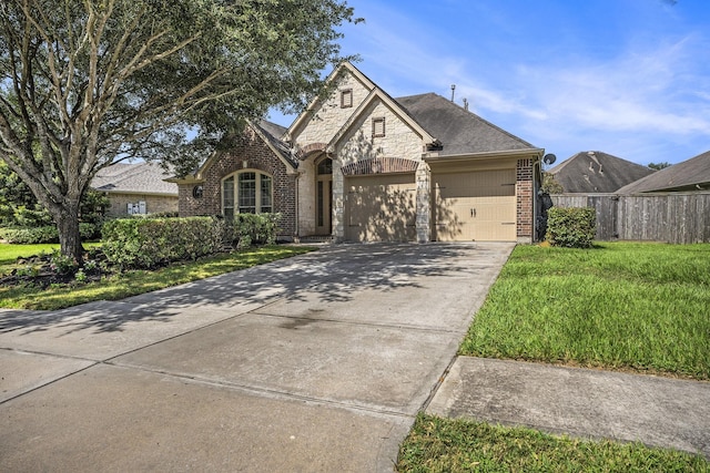 13604 Rainwater Dr, Pearland, TX 77584 - view of front facade featuring brick siding, an attached garage, concrete driveway, and stone siding