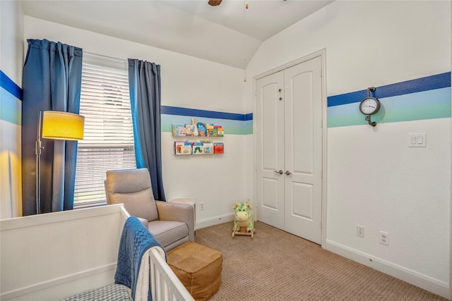 31218 Redwood Manor Ct, Spring, TX 77386 - sitting room featuring carpet flooring, lofted ceiling, and ceiling fan