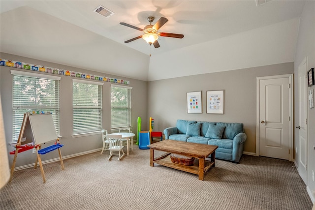 31218 Redwood Manor Ct, Spring, TX 77386 - carpeted living area with vaulted ceiling and ceiling fan