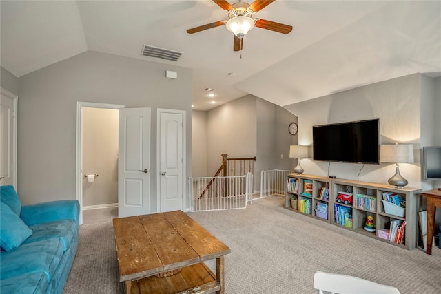 31218 Redwood Manor Ct, Spring, TX 77386 - carpeted living area featuring vaulted ceiling and a ceiling fan