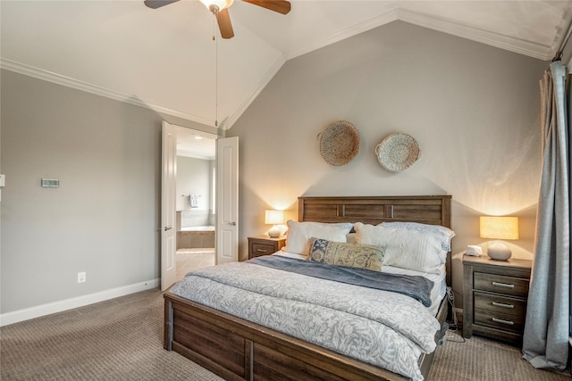 31218 Redwood Manor Ct, Spring, TX 77386 - bedroom featuring carpet, lofted ceiling, ceiling fan, ensuite bath, and crown molding