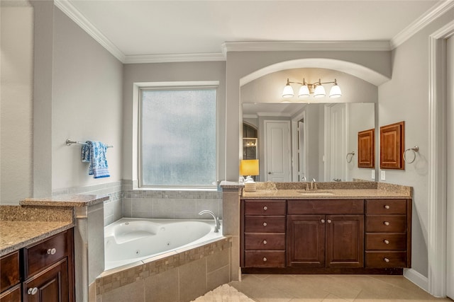 31218 Redwood Manor Ct, Spring, TX 77386 - full bath with vanity, a jetted tub, crown molding, and tile patterned floors